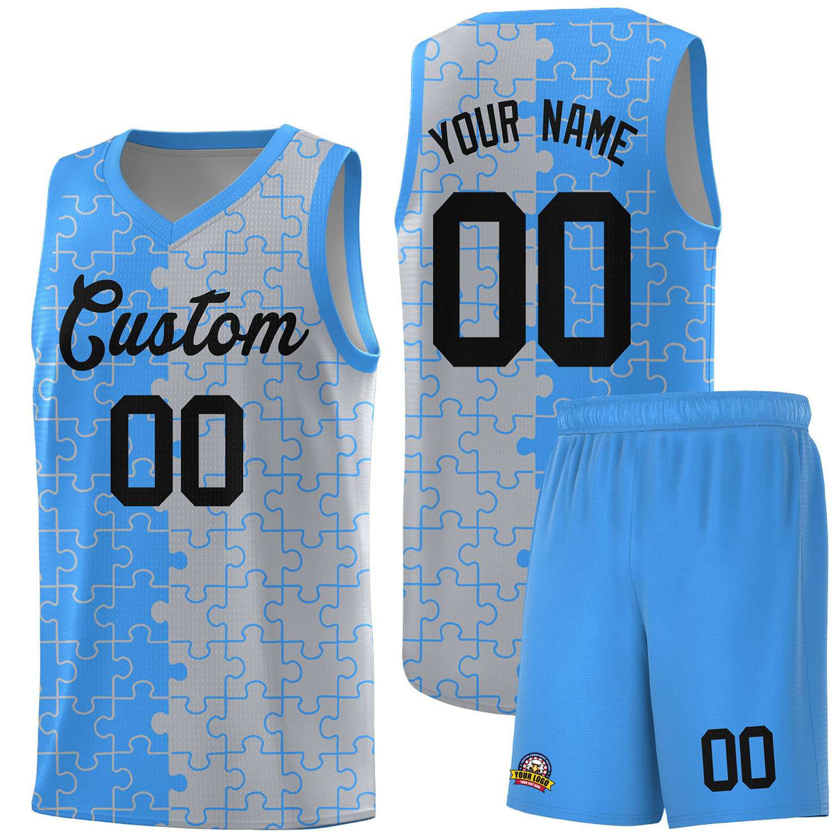 Custom Youth Basketball Jersey Light Blue Gray Puzzle Pattern Add Name, Number &amp; Team Logo