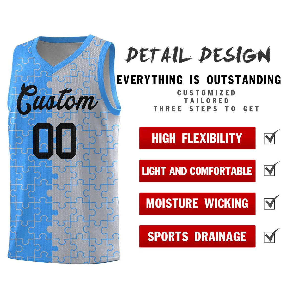 Custom Youth Basketball Jersey Light Blue Gray Puzzle Pattern Add Name, Number &amp; Team Logo