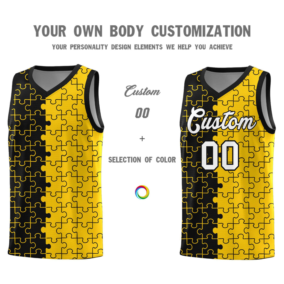 Custom Youth Basketball Jersey Black Gold Puzzle Pattern Breathable Team Uniform