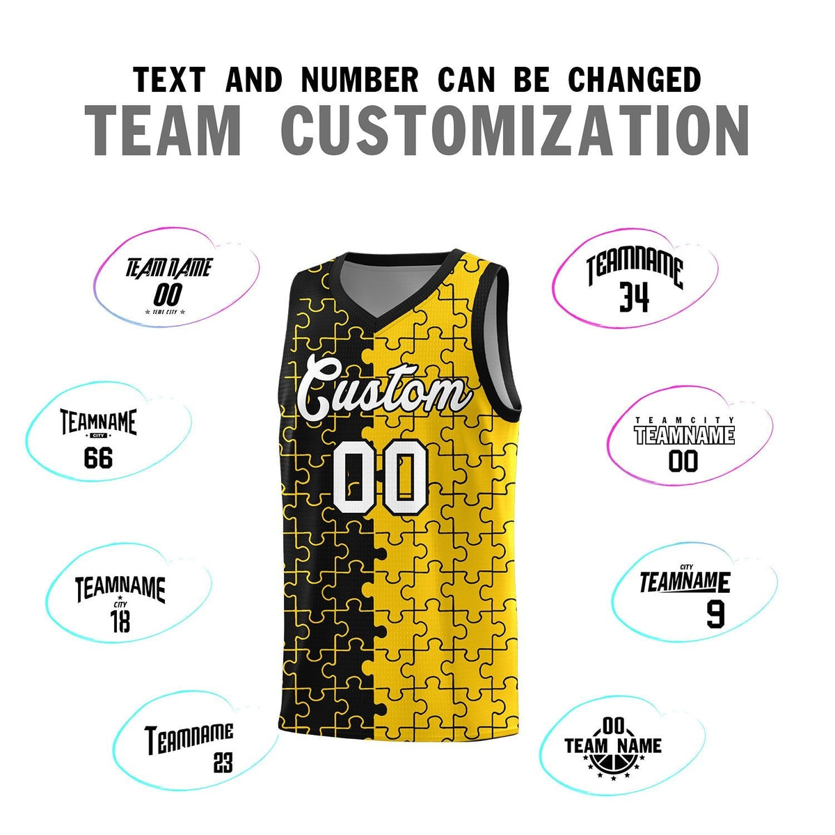 Custom Youth Basketball Jersey Black Gold Puzzle Pattern Breathable Team Uniform
