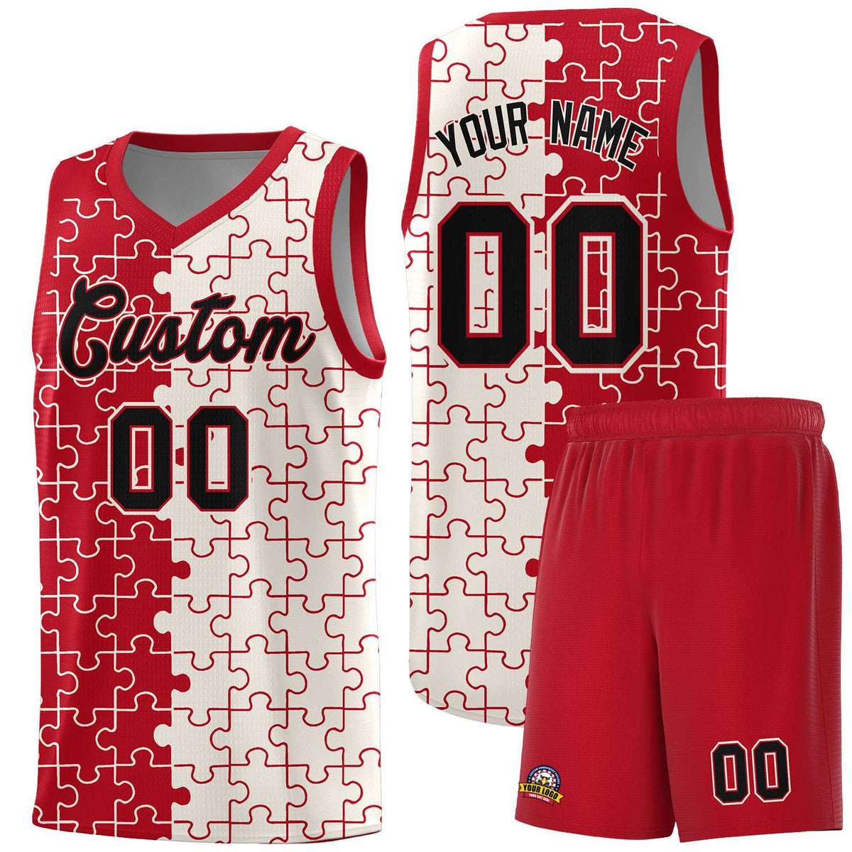 Custom Youth Basketball Jersey Red Cream Puzzle Pattern Moisture-Wicking Team Uniform