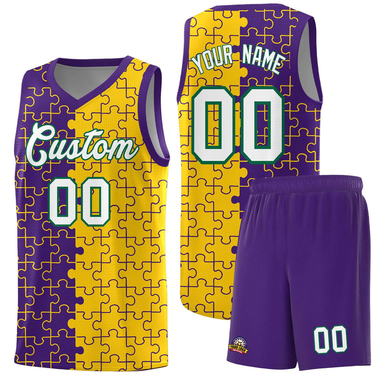 Custom Youth Basketball Jersey Purple Gold Puzzle Pattern Personalized Team Uniform