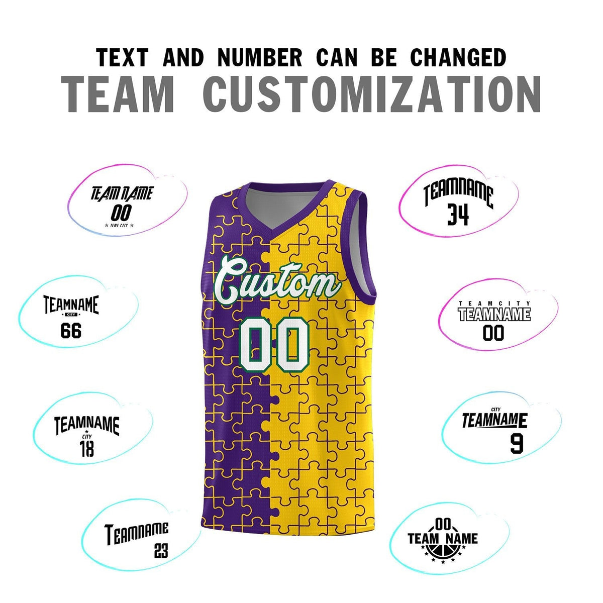 Custom Youth Basketball Jersey Purple Gold Puzzle Pattern Personalized Team Uniform