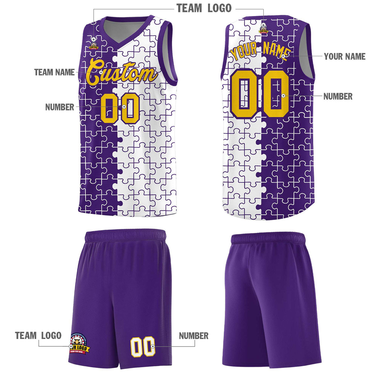 Custom Youth Basketball Jersey Purple White Puzzle Pattern Add Name, Number &amp; Team Logo