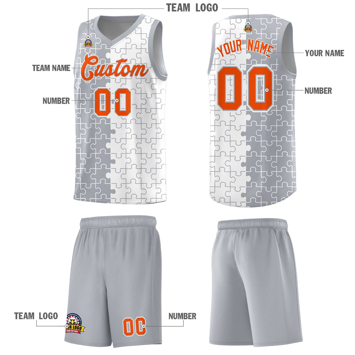 Custom Youth Basketball Jersey Gray White Puzzle Pattern Breathable Team Uniform