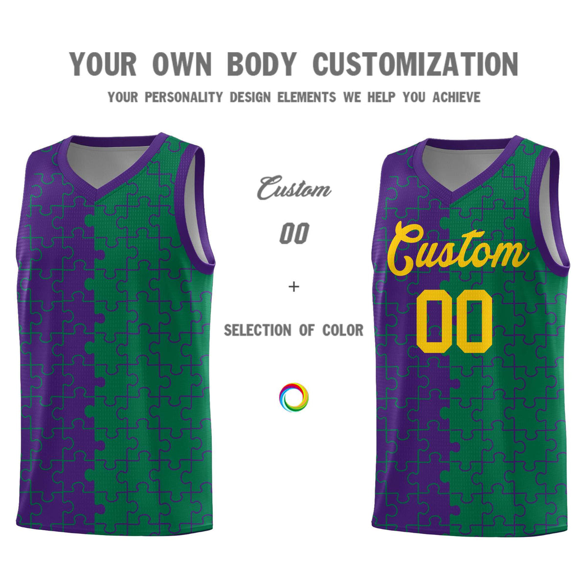 Custom Youth Basketball Jersey Purple Kelly Green Puzzle Pattern Breathable Team Uniform