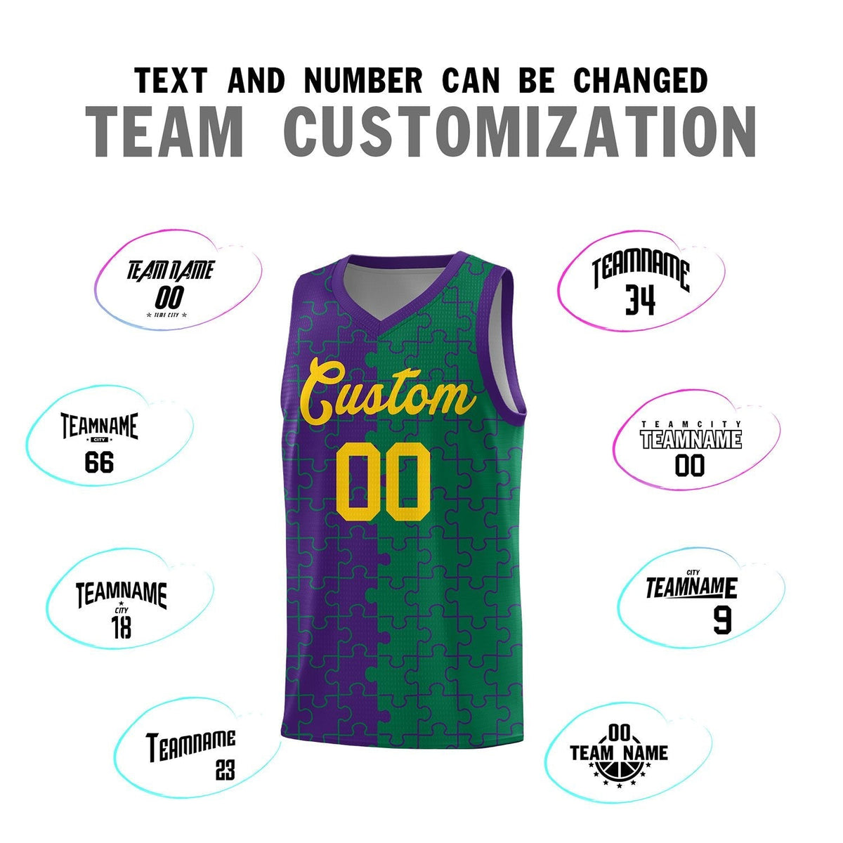 Custom Youth Basketball Jersey Purple Kelly Green Puzzle Pattern Breathable Team Uniform