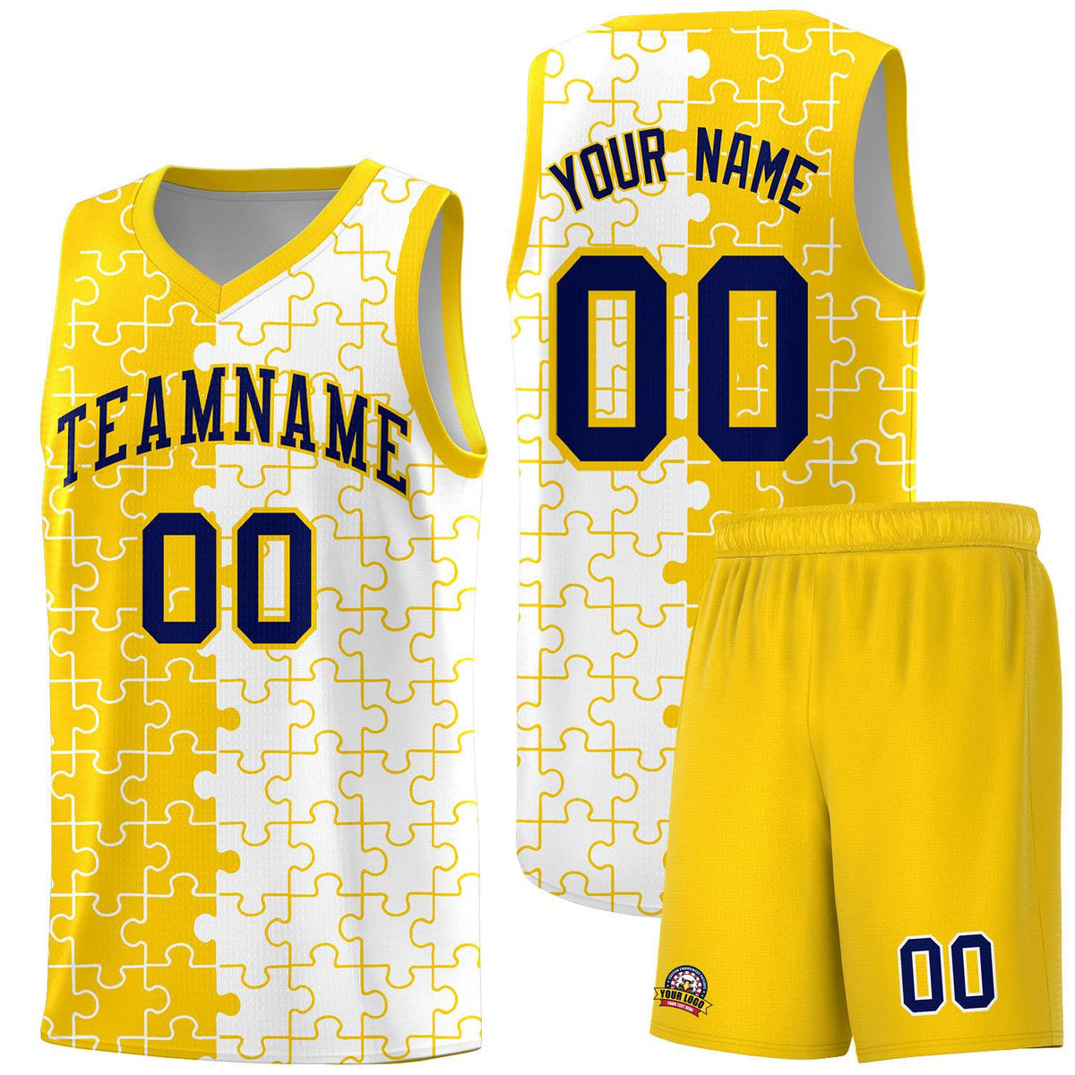 Custom Youth Basketball Jersey Gold White Puzzle Pattern Add Name, Number &amp; Team Logo