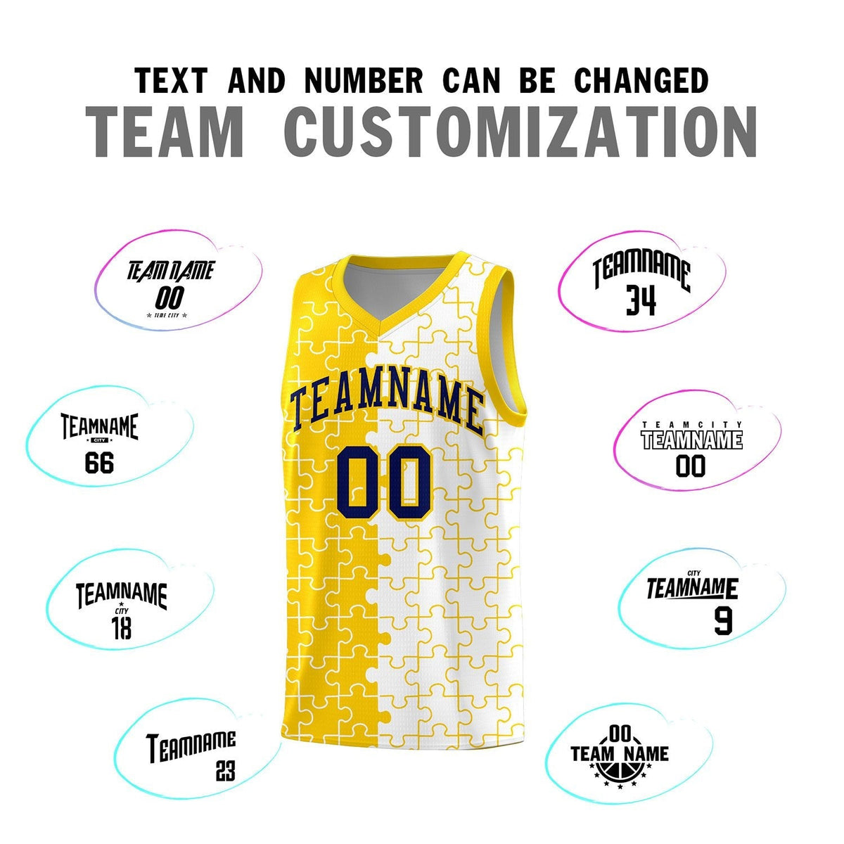 Custom Youth Basketball Jersey Gold White Puzzle Pattern Add Name, Number &amp; Team Logo
