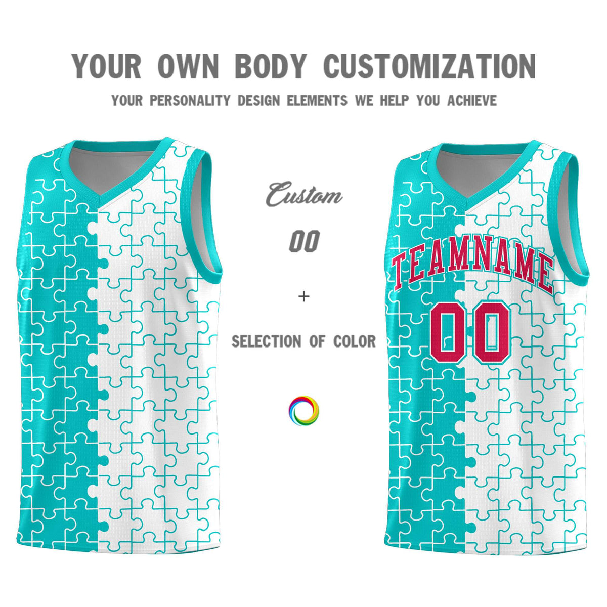 Custom Youth Basketball Jersey Aqua White Puzzle Pattern Personalized Team Uniform
