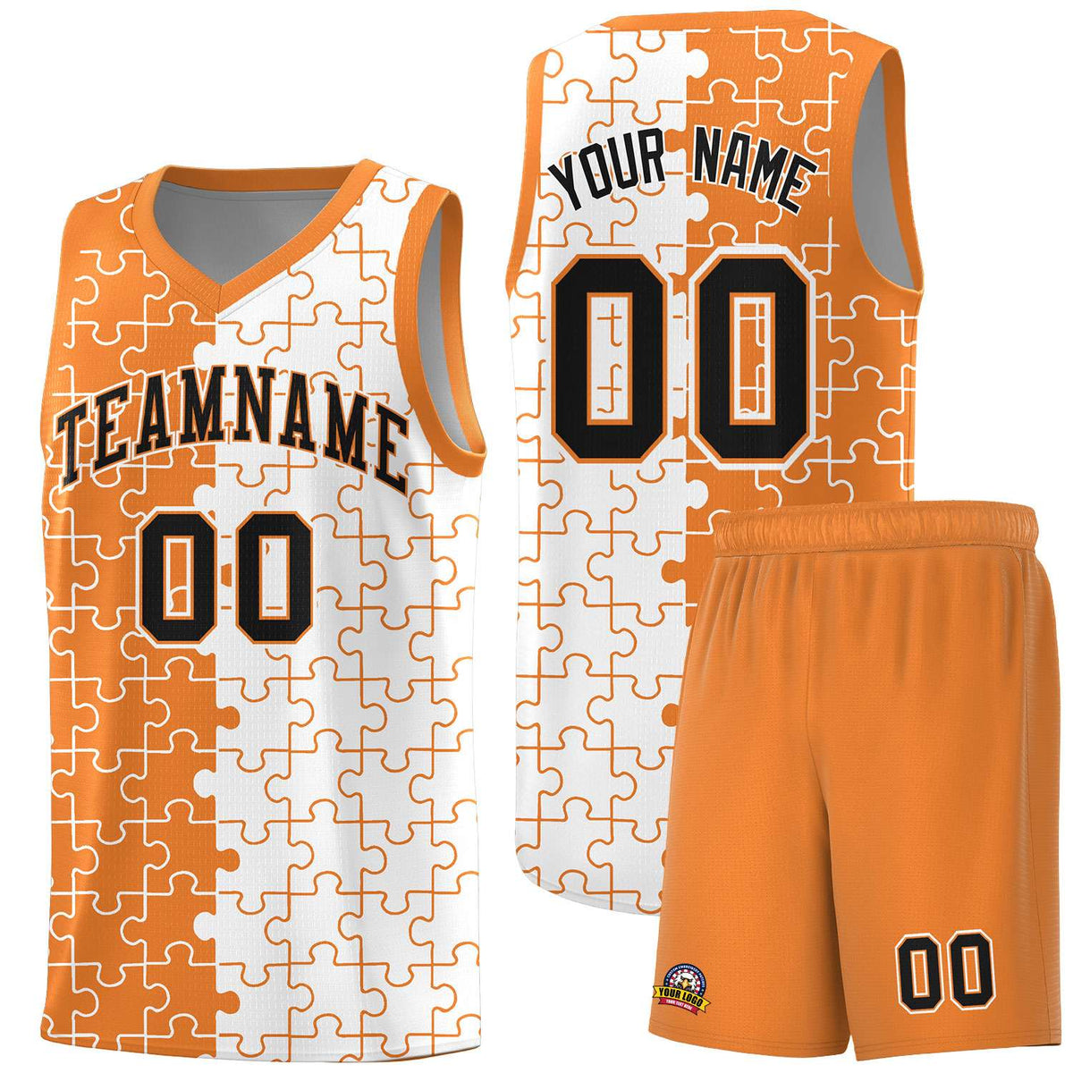 Custom Youth Basketball Jersey Gold Orange White Puzzle Pattern Breathable Team Uniform