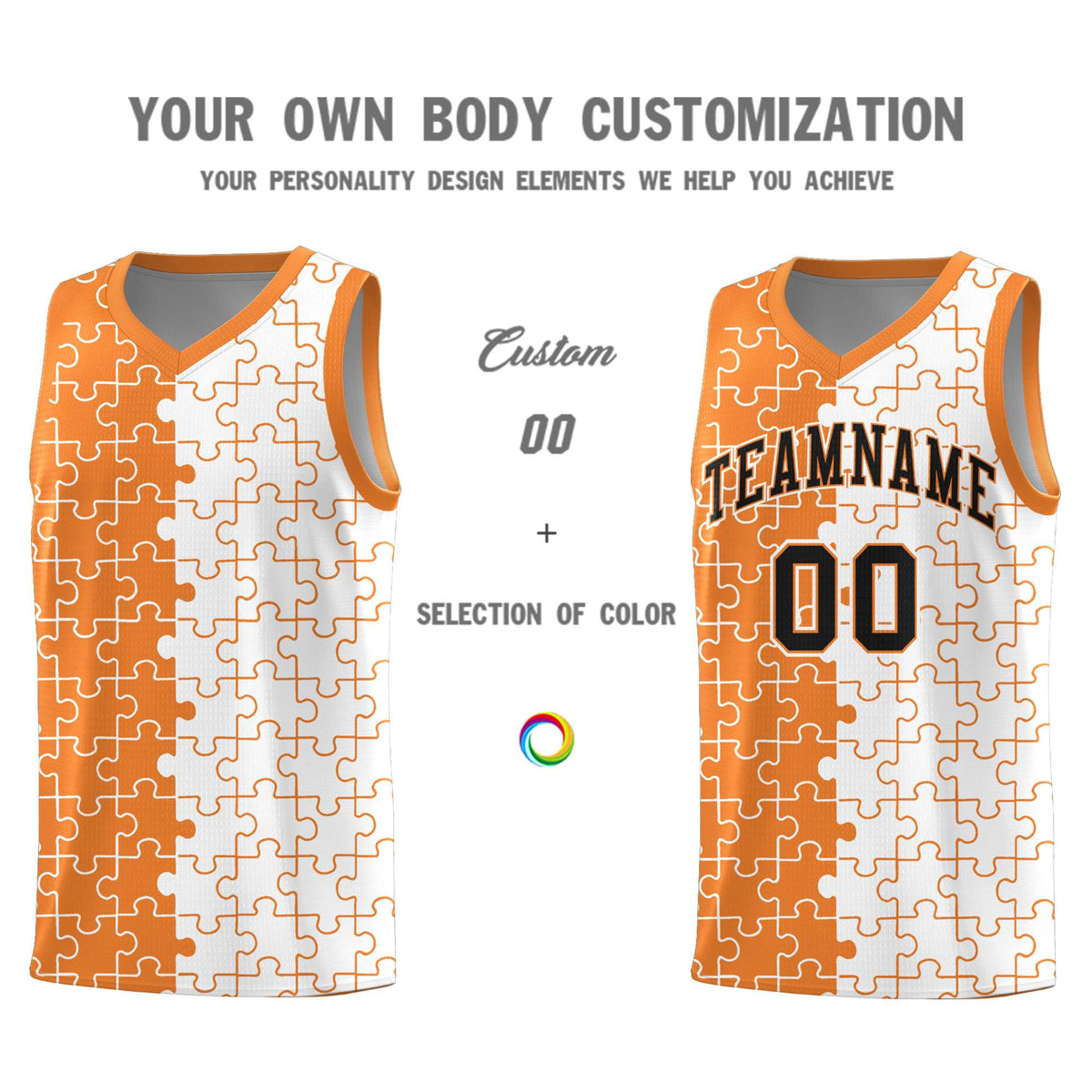 Custom Youth Basketball Jersey Gold Orange White Puzzle Pattern Breathable Team Uniform