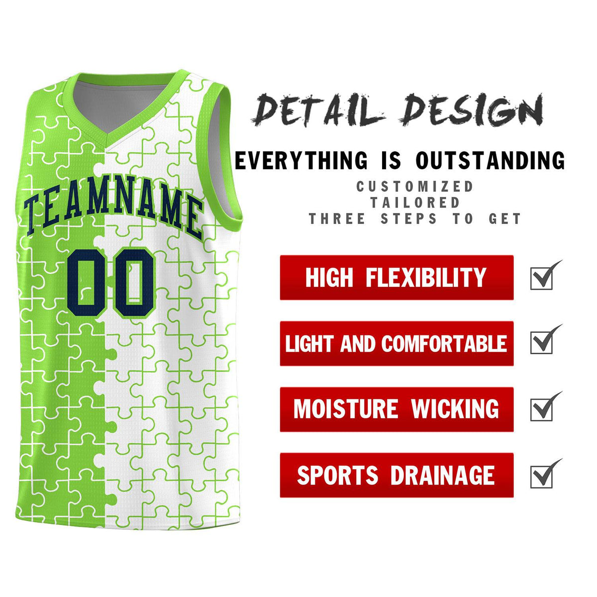 Custom Youth Basketball Jersey Fluorescent Green White Puzzle Pattern Personalized Team Uniform