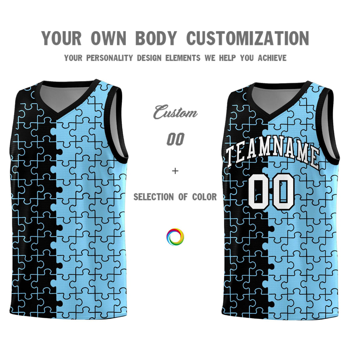 Custom Youth Basketball Jersey Black Light Blue Puzzle Pattern Add Name, Number &amp; Team Logo