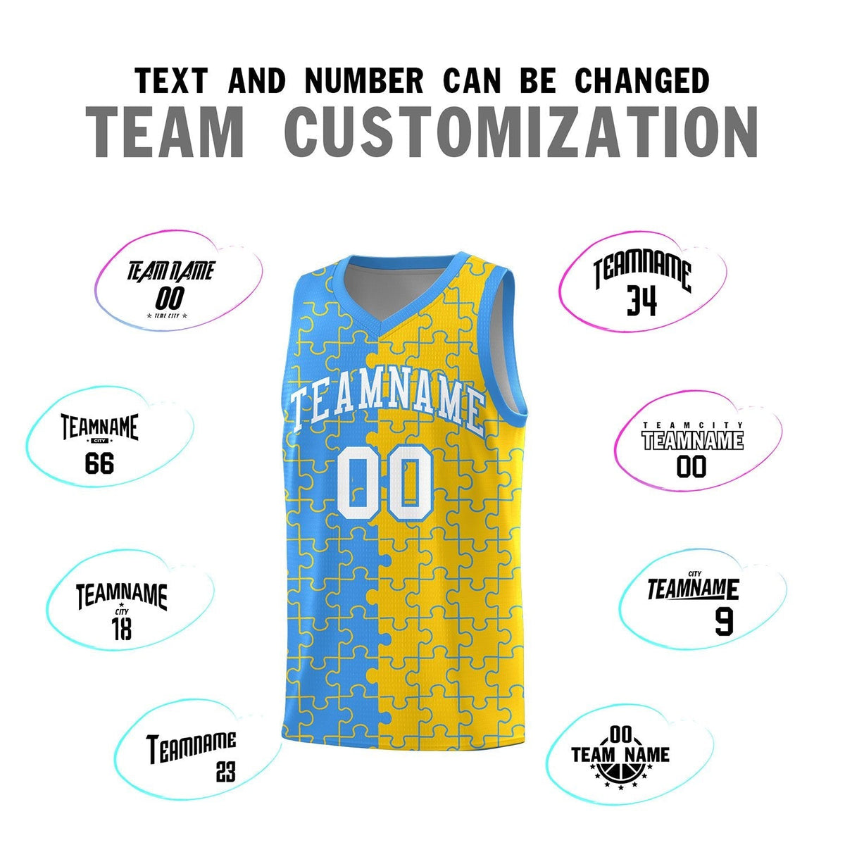 Custom Youth Basketball Jersey Light Blue Gold Puzzle Pattern Moisture-Wicking Team Uniform