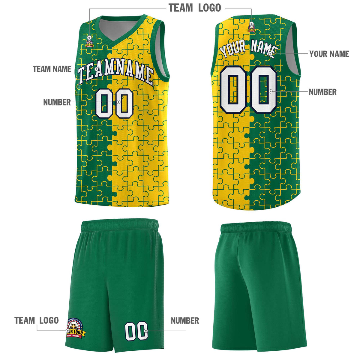 Custom Youth Basketball Jersey Kelly Green Gold Puzzle Pattern Personalized Team Uniform