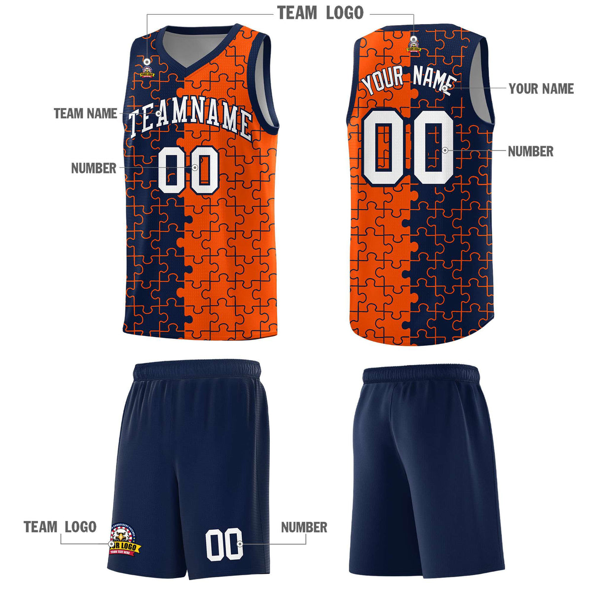 Custom Youth Basketball Jersey Navy Orange Puzzle Pattern Add Name, Number & Team Logo