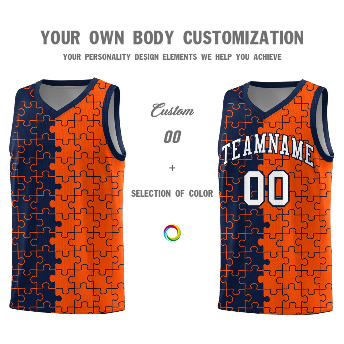 Custom Youth Basketball Jersey Navy Orange Puzzle Pattern Add Name, Number & Team Logo