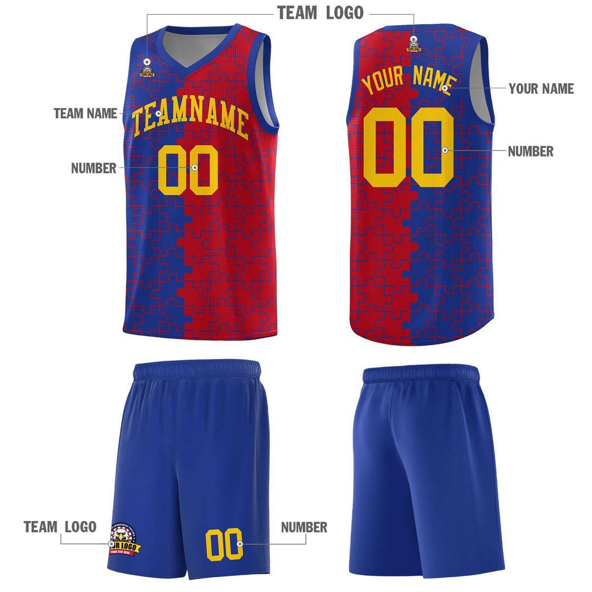 Custom Youth Basketball Jersey Royal Blue Red Puzzle Pattern Personalized Team Uniform