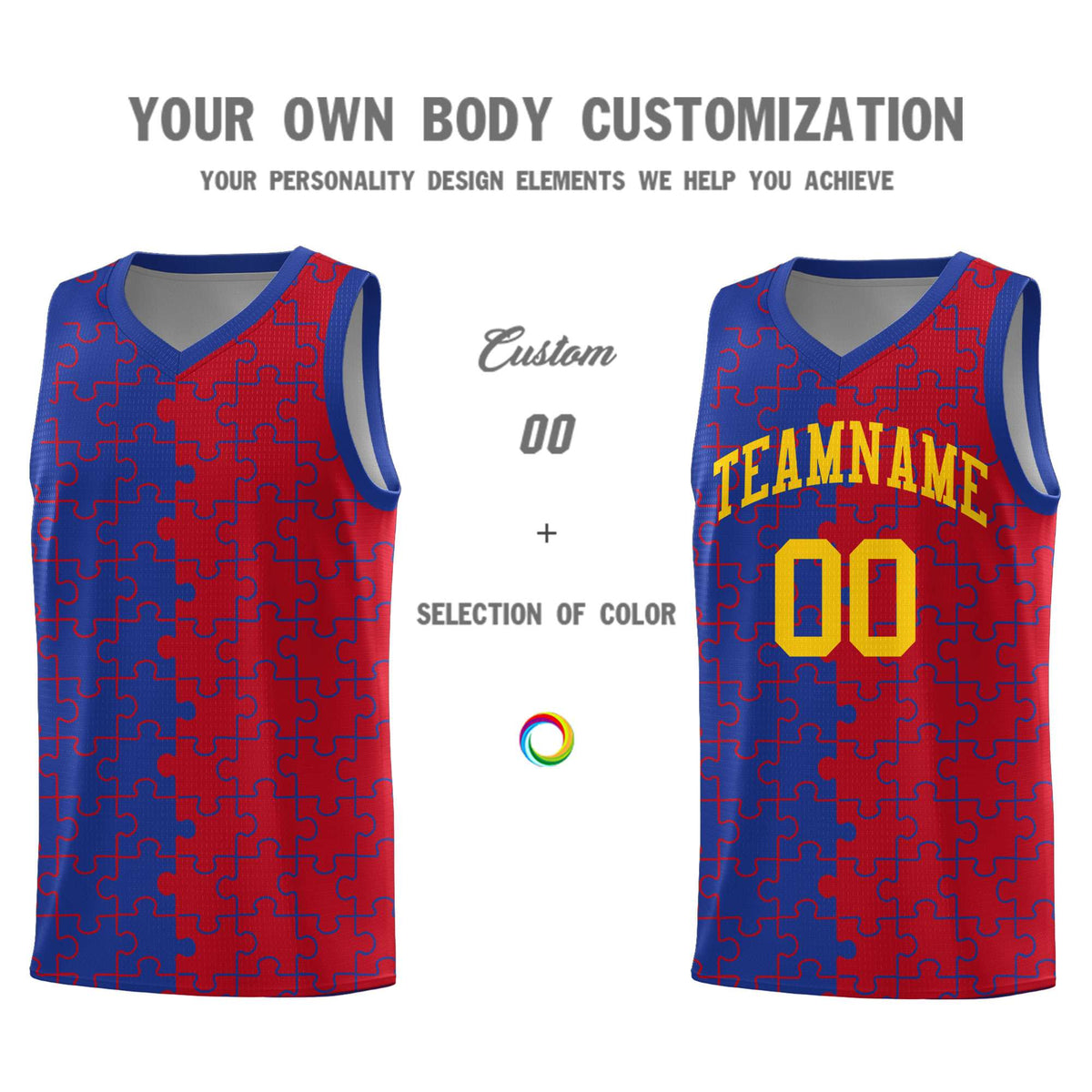 Custom Youth Basketball Jersey Royal Blue Red Puzzle Pattern Personalized Team Uniform