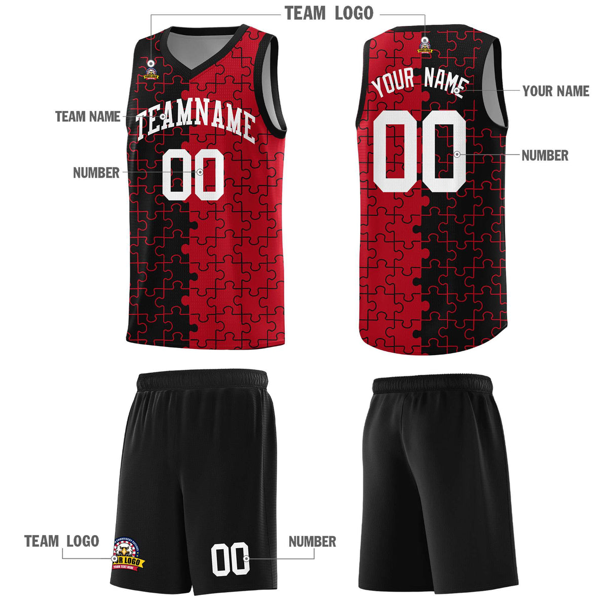 Custom Youth Basketball Jersey Black Red Puzzle Pattern Breathable Team Uniform