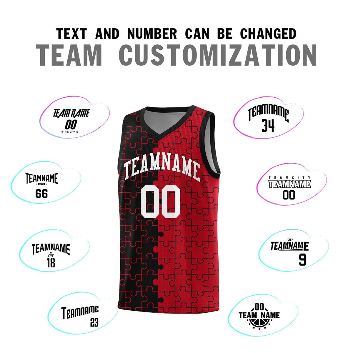 Custom Youth Basketball Jersey Black Red Puzzle Pattern Breathable Team Uniform