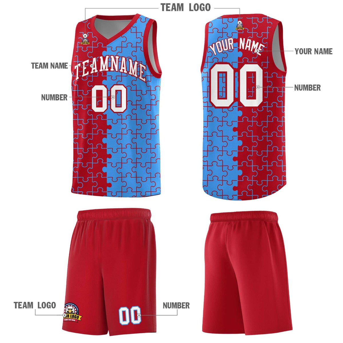 Custom Youth Basketball Jersey Red Light Blue Puzzle Pattern Moisture-Wicking Team Uniform