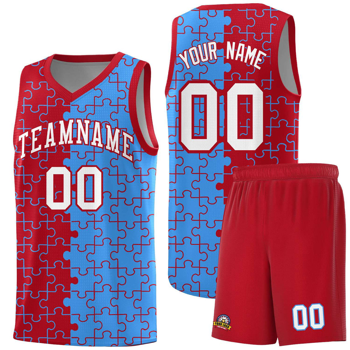 Custom Youth Basketball Jersey Red Light Blue Puzzle Pattern Moisture-Wicking Team Uniform