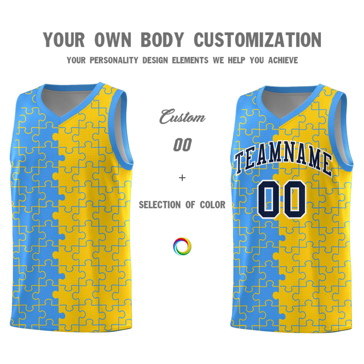 Custom Youth Basketball Jersey Light Blue Gold Puzzle Pattern Add Name, Number &amp; Team Logo