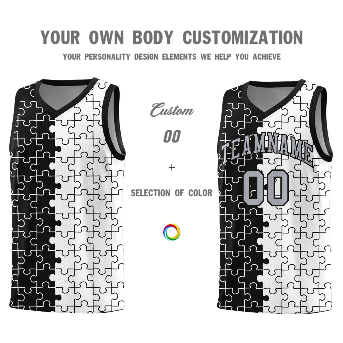 Custom Youth Basketball Jersey Black White Puzzle Pattern Breathable Team Uniform