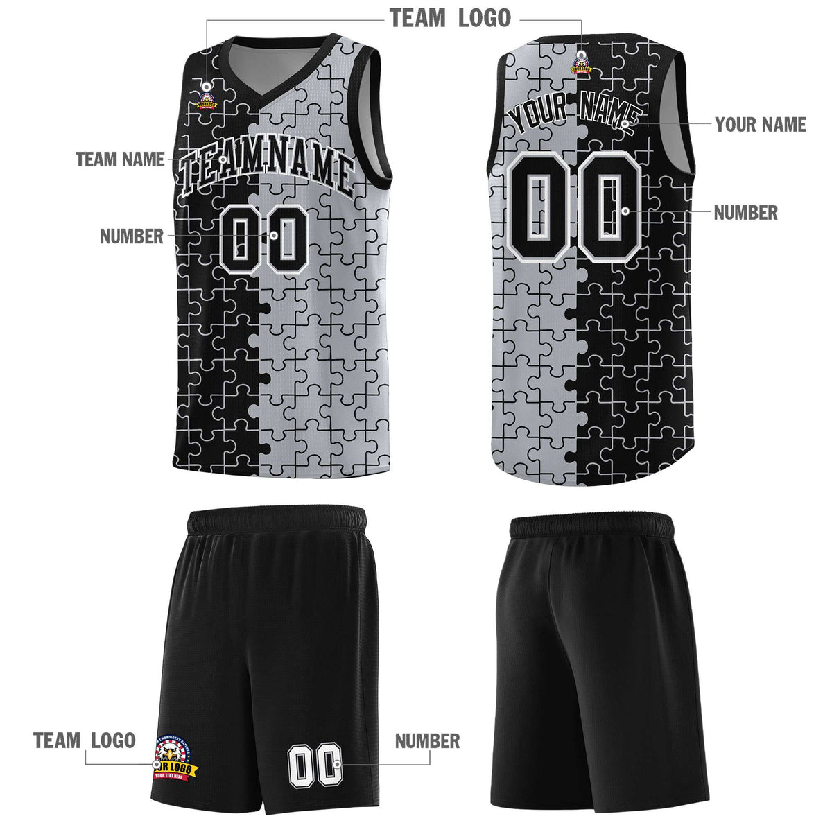 Custom Youth Basketball Jersey Black Gray Puzzle Pattern Moisture-Wicking Team Uniform