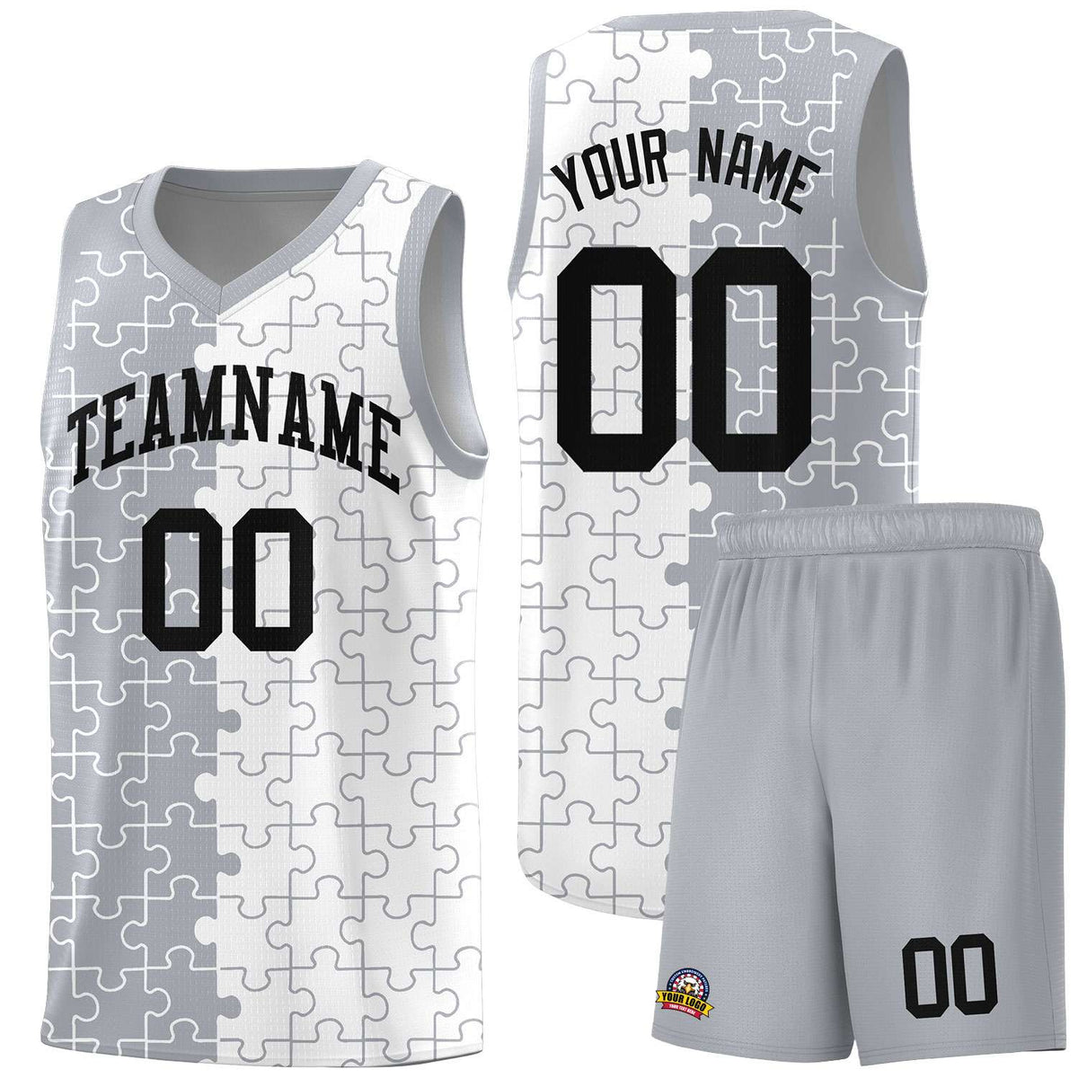 Custom Youth Basketball Jersey Gray White Puzzle Pattern Personalized Team Uniform