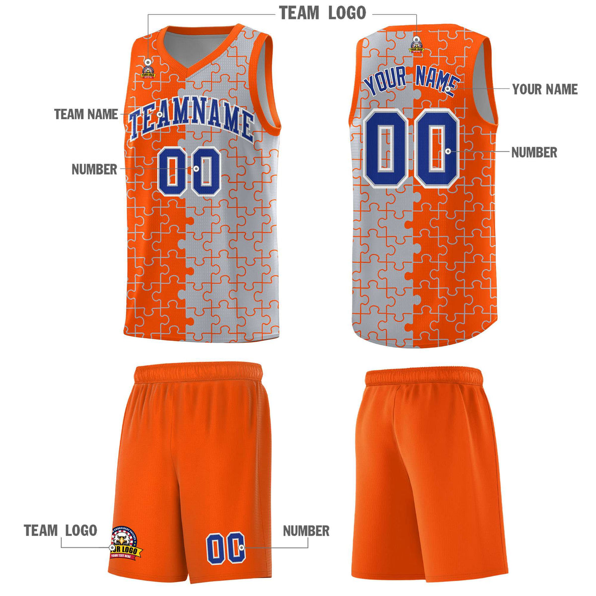 Custom Youth Basketball Jersey Orange Gray Puzzle Pattern Personalized Team Uniform