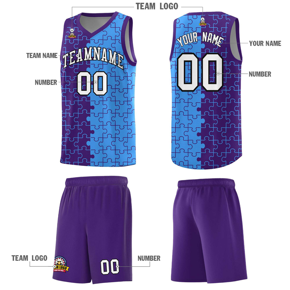 Custom Youth Basketball Jersey Purple Light Blue Puzzle Pattern Breathable Team Uniform