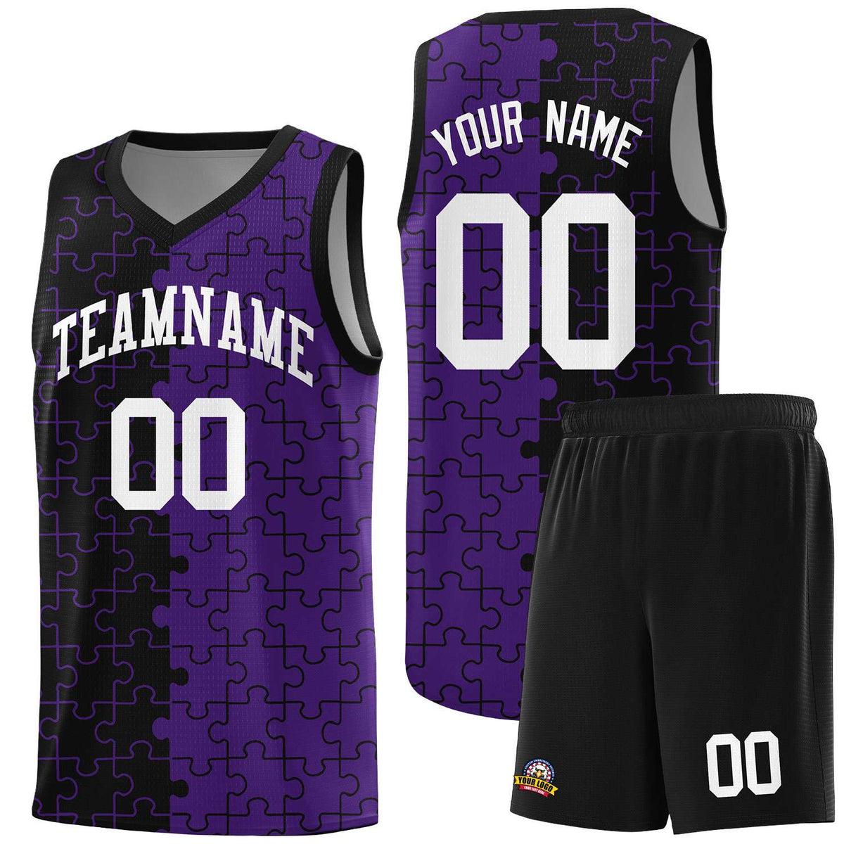 Custom Youth Basketball Jersey Black Purple Puzzle Pattern Moisture-Wicking Team Uniform