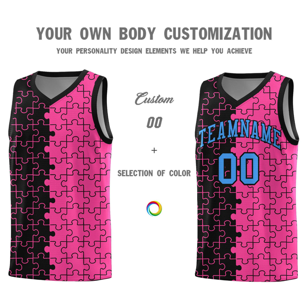 Custom Youth Basketball Jersey Black Pink Puzzle Pattern Add Name, Number &amp; Team Logo