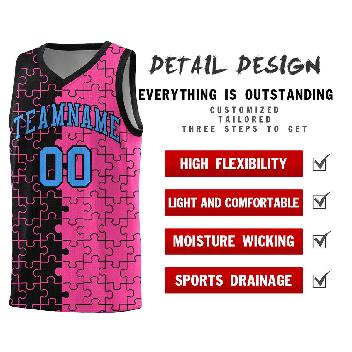 Custom Youth Basketball Jersey Black Pink Puzzle Pattern Add Name, Number &amp; Team Logo