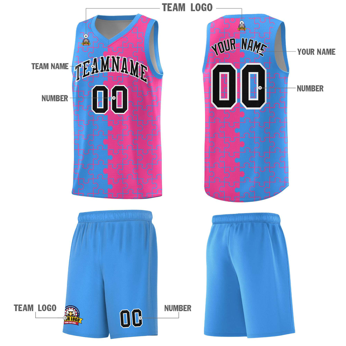Custom Youth Basketball Jersey Light Blue Pink Puzzle Pattern Breathable Team Uniform