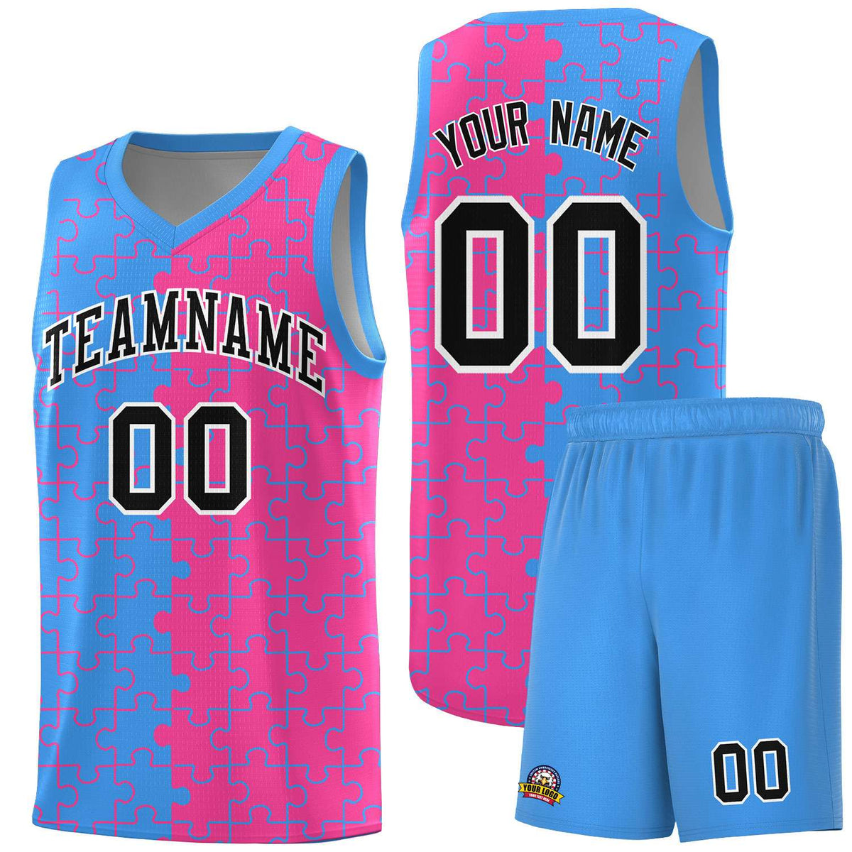 Custom Youth Basketball Jersey Light Blue Pink Puzzle Pattern Breathable Team Uniform