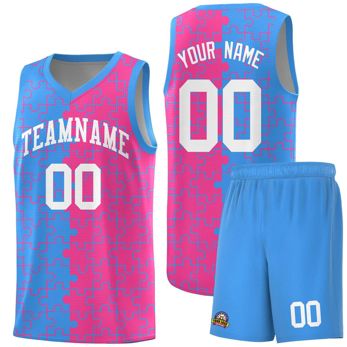 Custom Youth Basketball Jersey Light Blue Pink Puzzle Pattern Moisture-Wicking Team Uniform