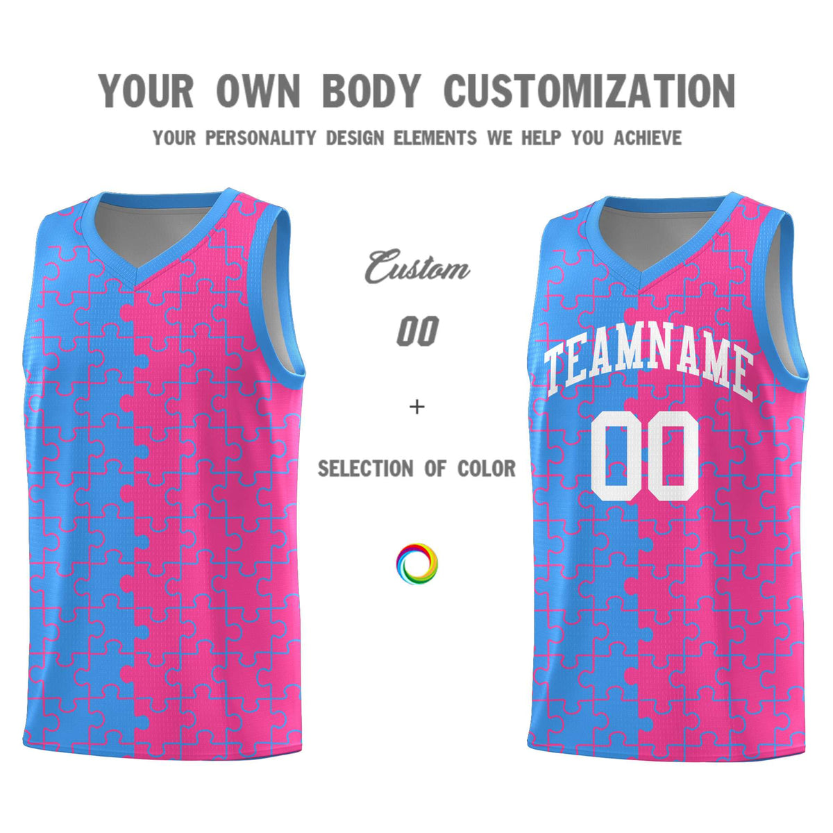 Custom Youth Basketball Jersey Light Blue Pink Puzzle Pattern Moisture-Wicking Team Uniform