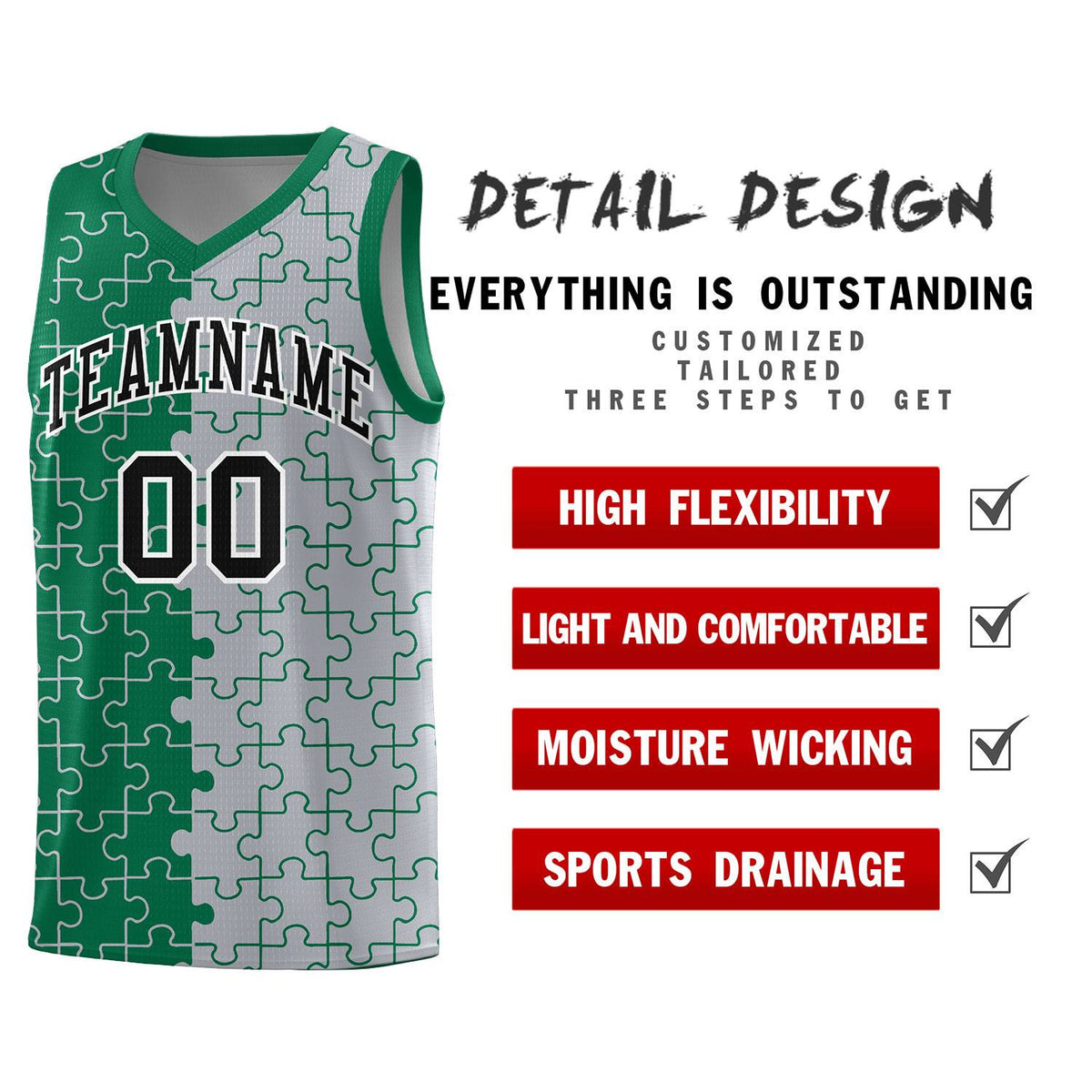 Custom Youth Basketball Jersey Kelly Green Gray Puzzle Pattern Add Name, Number &amp; Team Logo