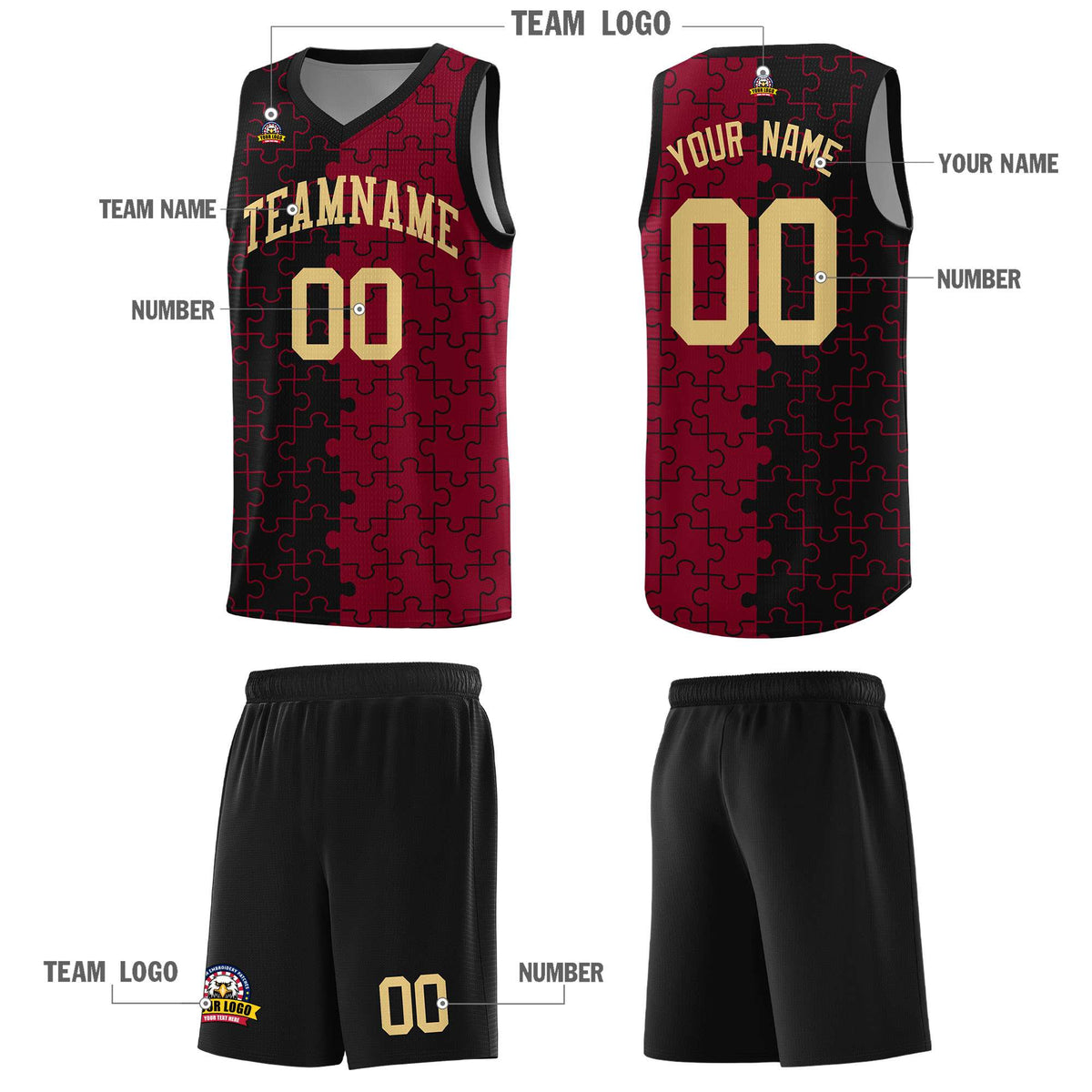 Custom Youth Basketball Jersey Black Crimson Puzzle Pattern Breathable Team Uniform