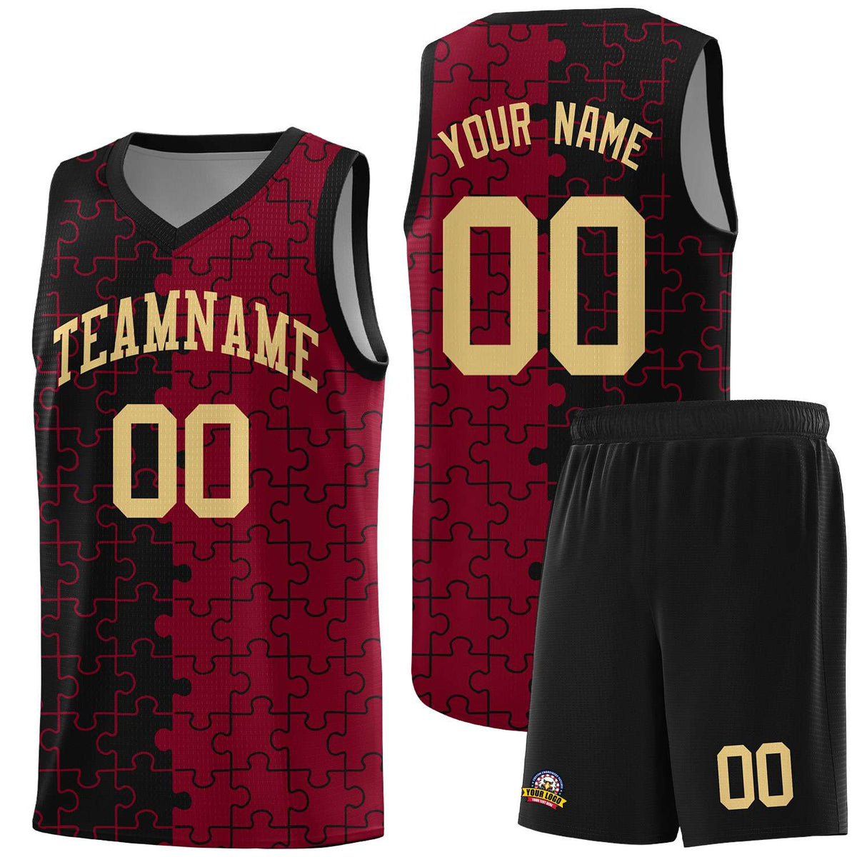 Custom Youth Basketball Jersey Black Crimson Puzzle Pattern Breathable Team Uniform