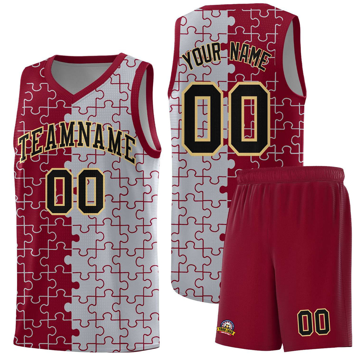 Custom Youth Basketball Jersey Crimson Gray Puzzle Pattern Moisture-Wicking Team Uniform