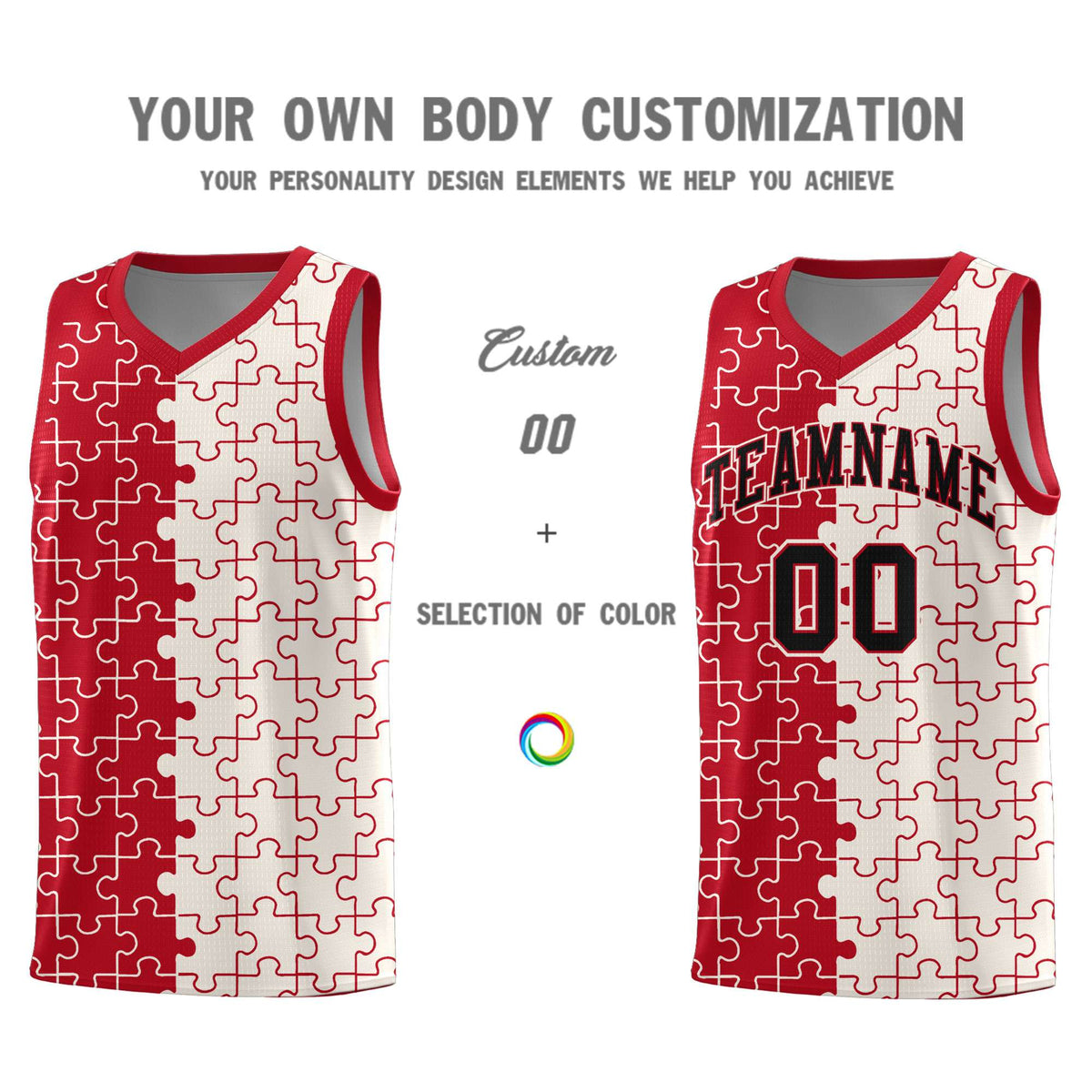 Custom Youth Basketball Jersey Red Cream Puzzle Pattern Moisture-Wicking Team Uniform
