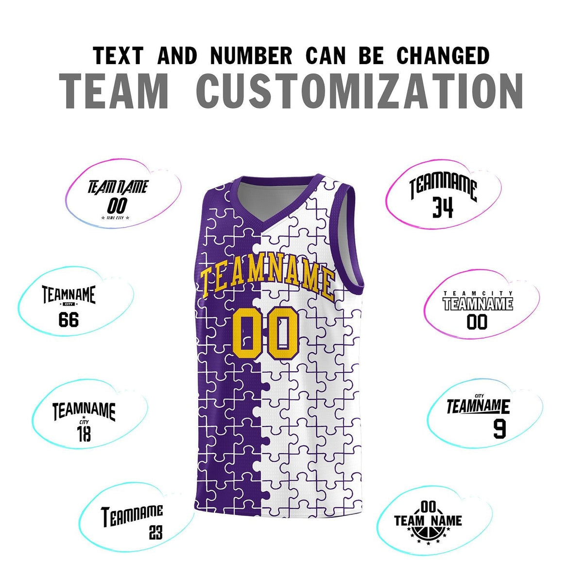 Custom Youth Basketball Jersey Purple White Puzzle Pattern Add Name, Number &amp; Team Logo