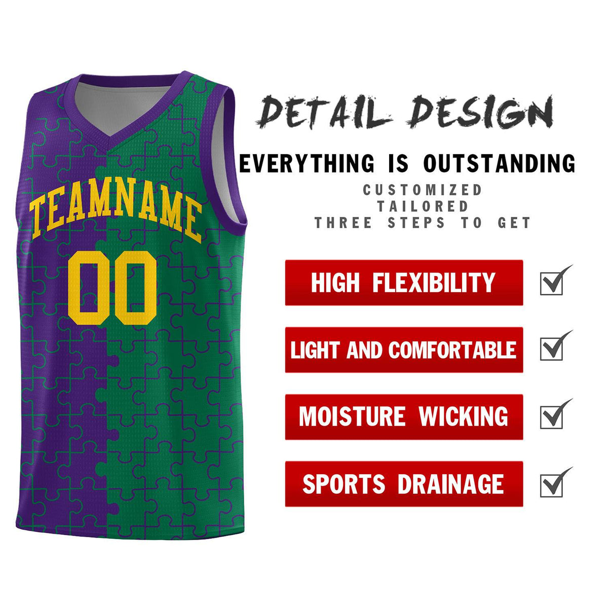 Custom Youth Basketball Jersey Purple Kelly Green Puzzle Pattern Breathable Team Uniform