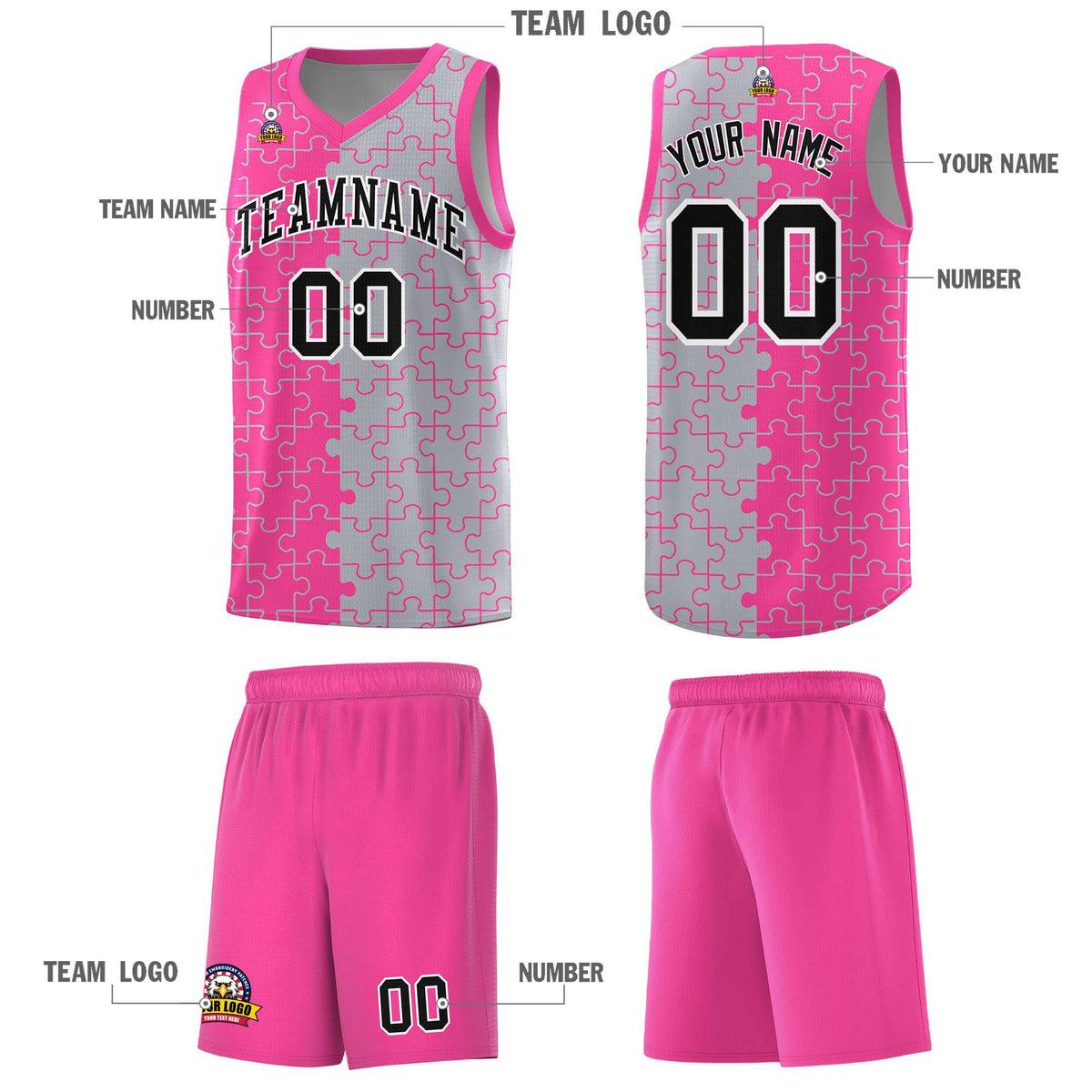 Custom Youth Basketball Jersey Pink Gray Puzzle Pattern Personalized Team Uniform