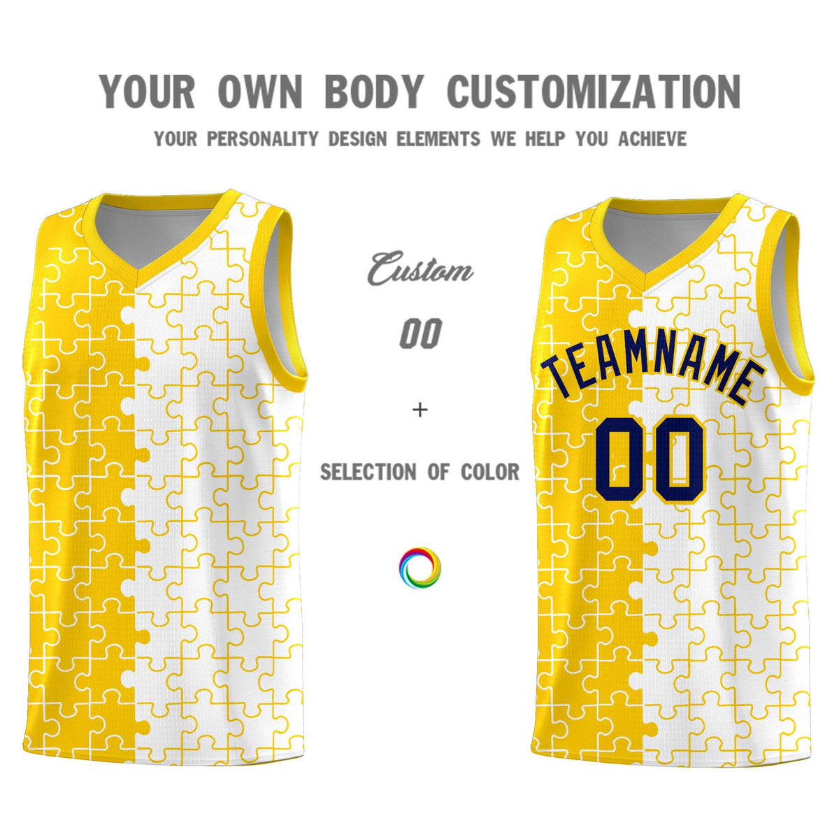 Custom Youth Basketball Jersey Gold White Puzzle Pattern Add Name, Number &amp; Team Logo